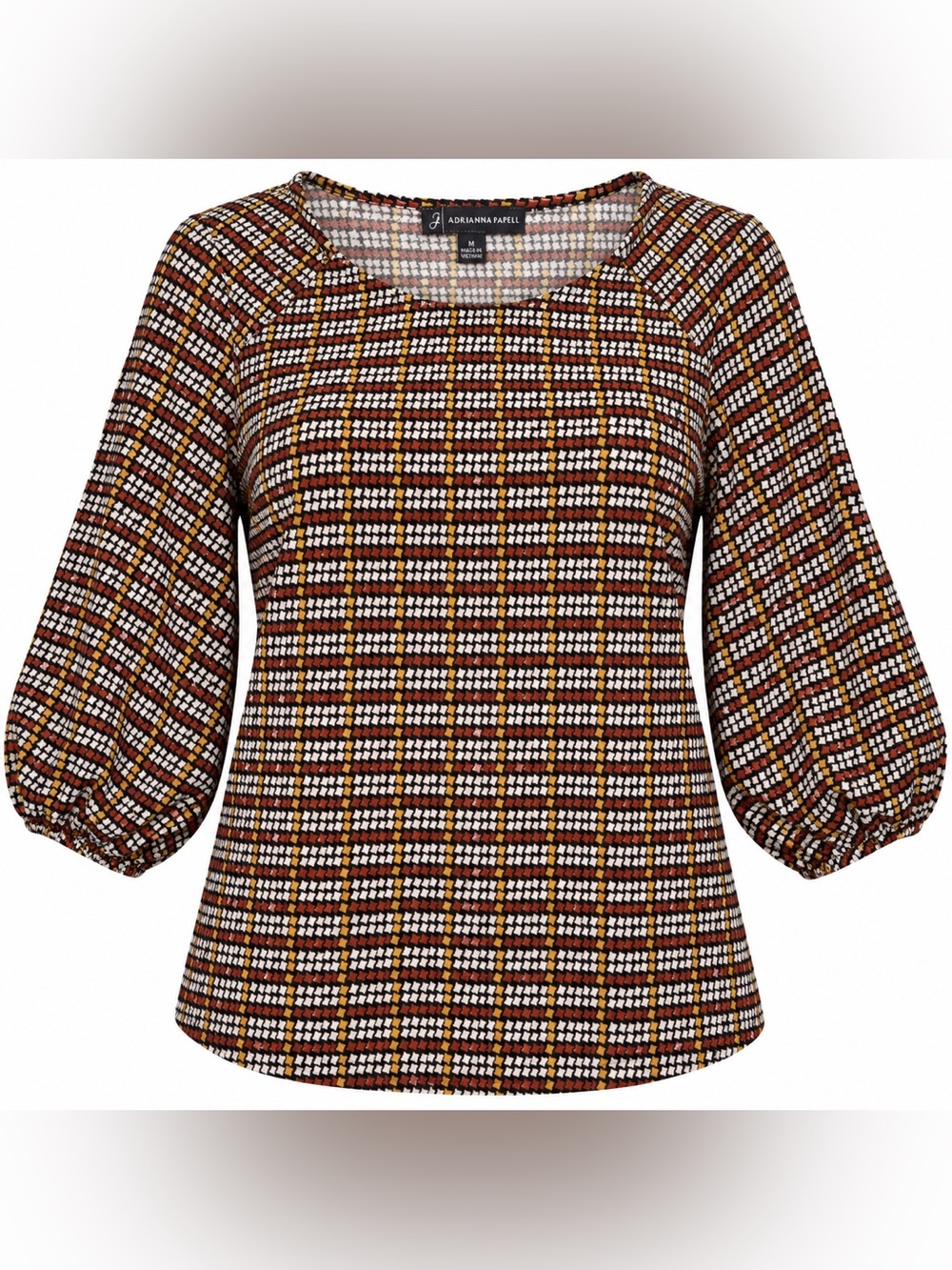 Adrianna Papell Brown Cream & Mustard Plaid Scoop Neck Puff Sleeve Top